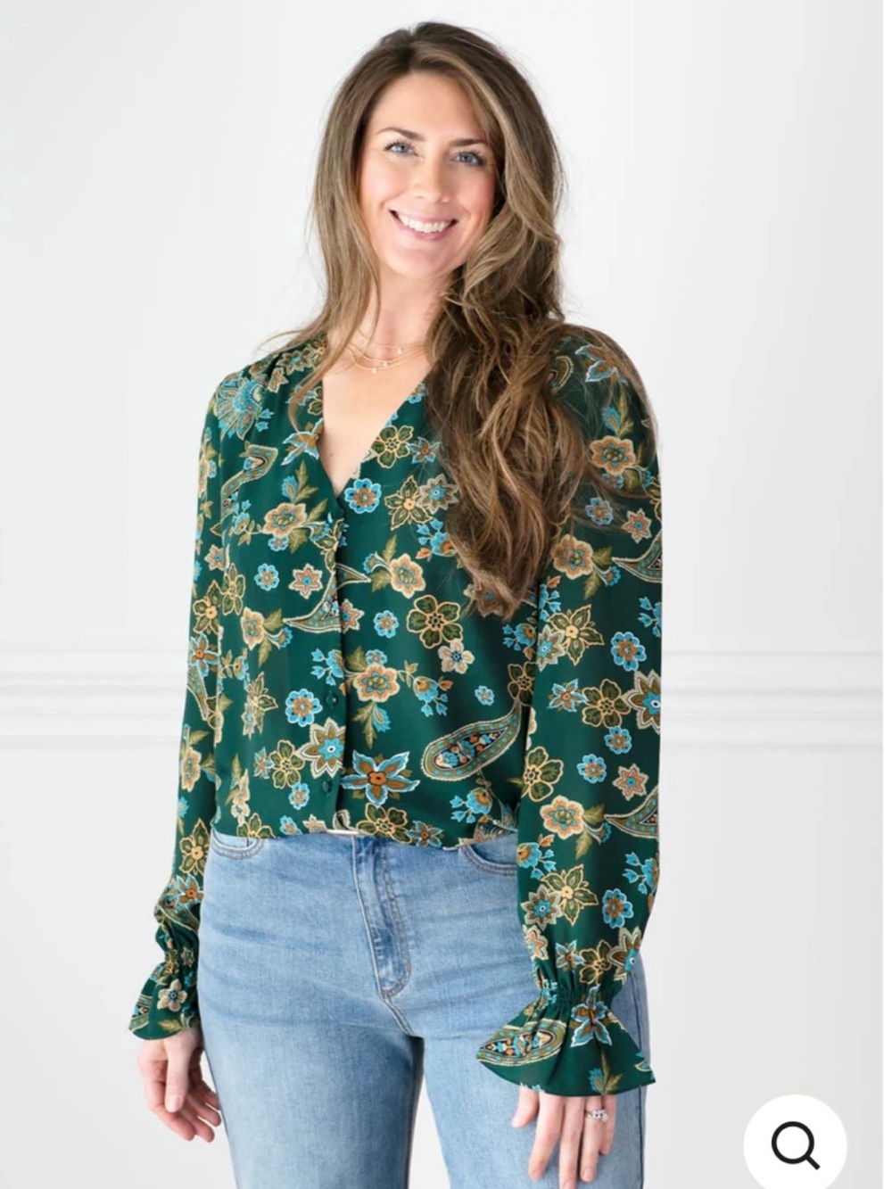 Amalli Talli Peyton Floral Green V-Neck Blouse
